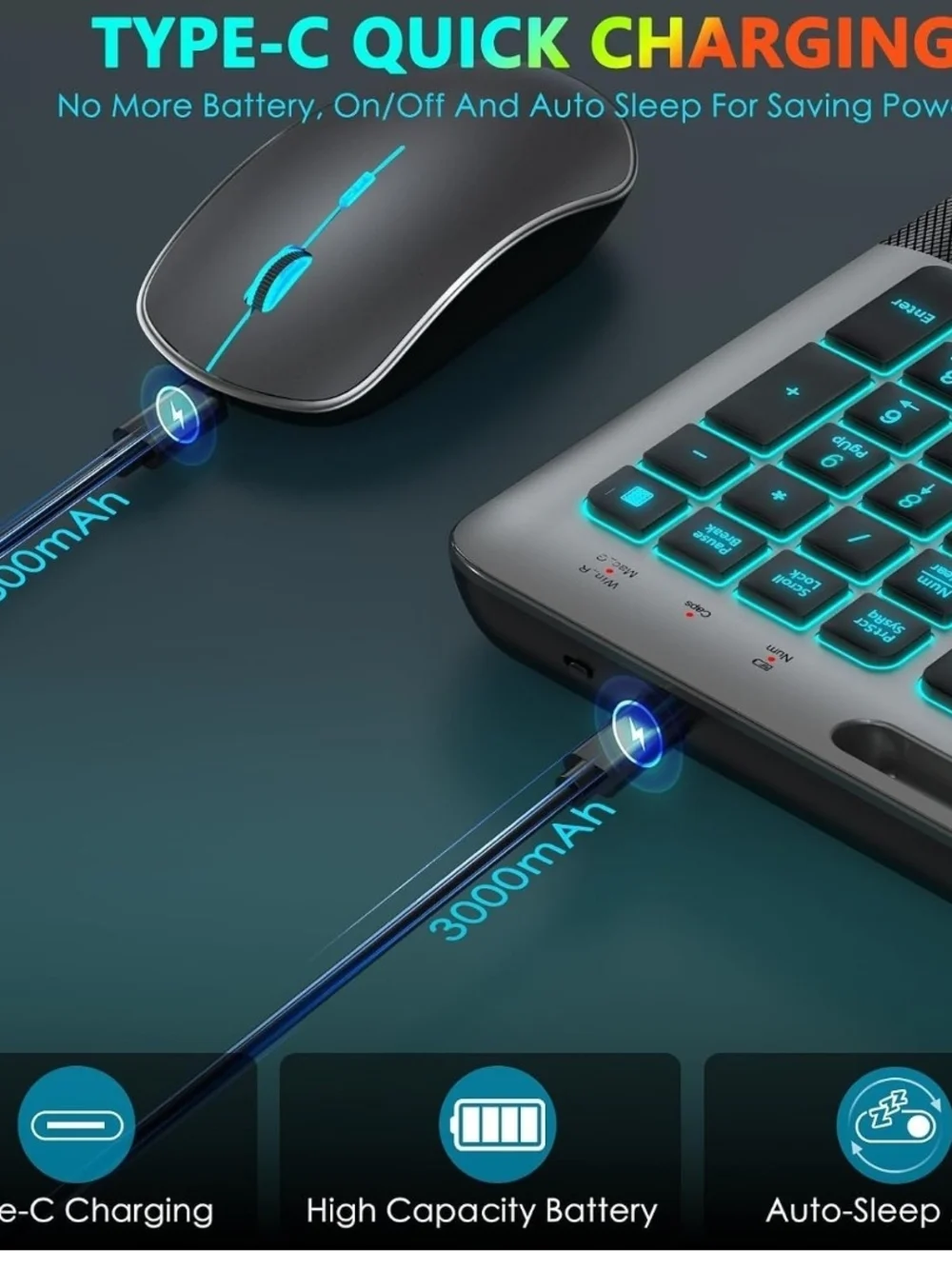 JOYACCESS RGB Wireless Keyboard Mouse Combo Silent Rechargeable USB-C Gray